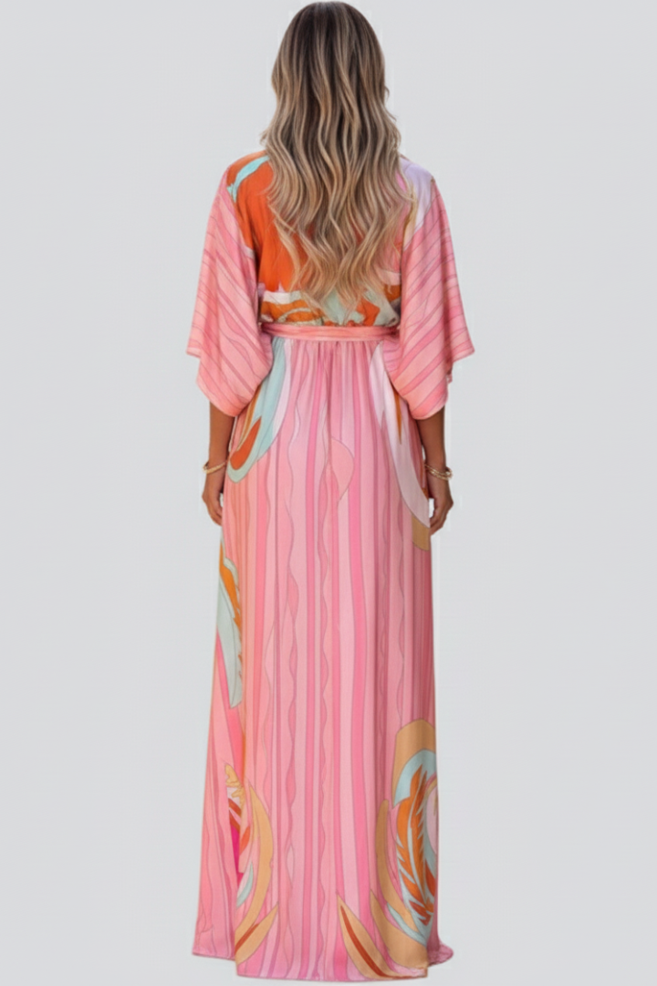 Karin | Damen Maxikleid mit V-Ausschnitt und Gürtel in der Taille