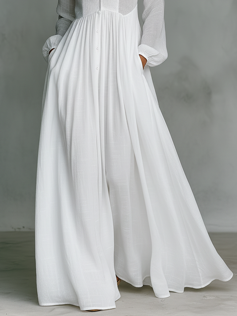 Damen-Maxikleid aus Leinenmischung mit Patchwork-Muster und Knopfleiste