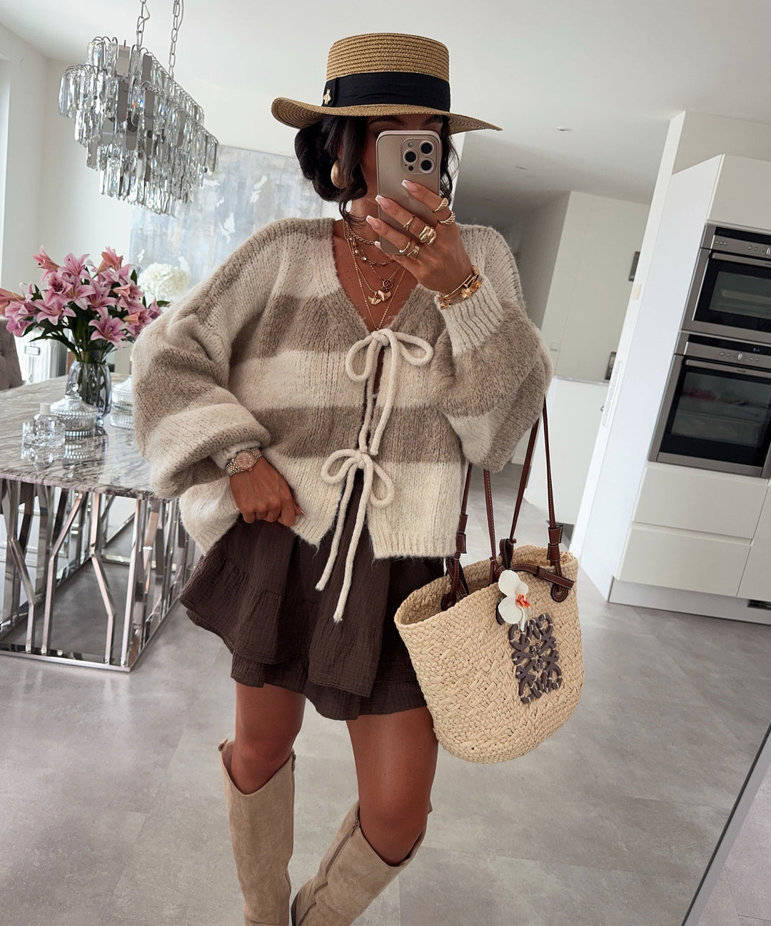 Cardigan Schleife Fia Streifen Beige Taupe Ladypolitan ♡