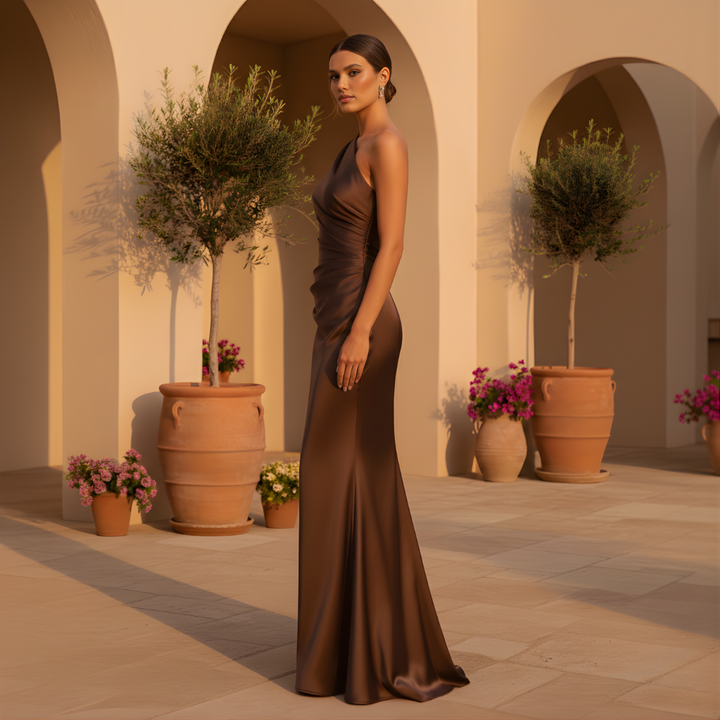 Isabella – One Shoulder Chocolate Brown Satin Evening Maxi Dress - Image 4