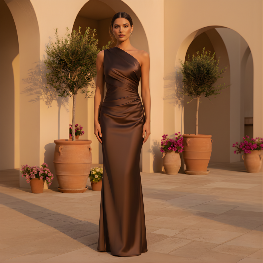Isabella – One Shoulder Chocolate Brown Satin Evening Maxi Dress - Image 3