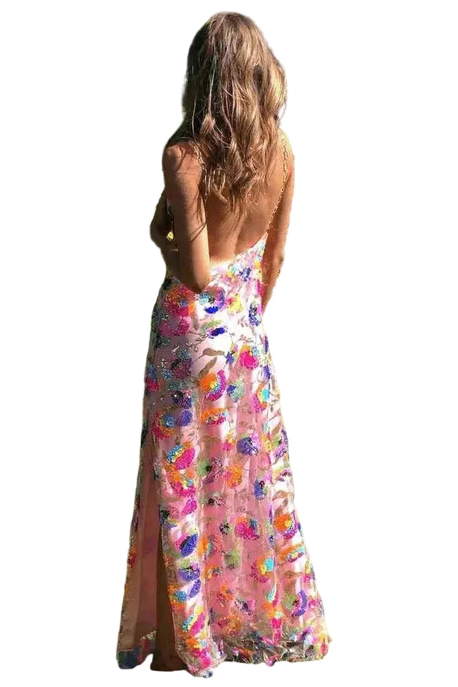 Florales Damen-Maxikleid mit offenem Rücken und Seitenschlitz-Maxi Dress-Alpenkind