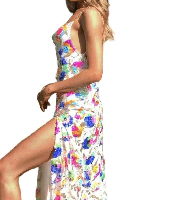 Florales Damen-Maxikleid mit offenem Rücken und Seitenschlitz-Maxi Dress-Alpenkind