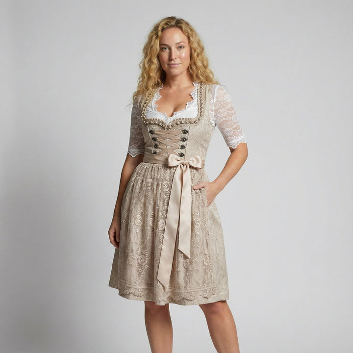 Dirndl für Damen mit geschnürtem Oberteil und Spitzenbluse