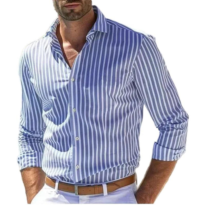 Gestreiftes Herrenhemd mit Knopfleiste und strukturiertem Kragen-Men Shirt-Alpenkind