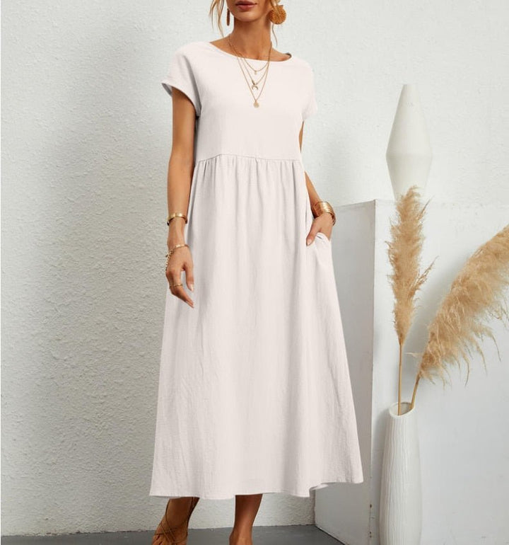 Lotta – Locker geschnittenes Damen Midi-Kleid mit Rundhalsausschnitt