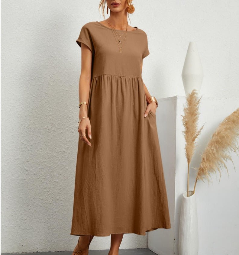 Lotta – Locker geschnittenes Damen Midi-Kleid mit Rundhalsausschnitt