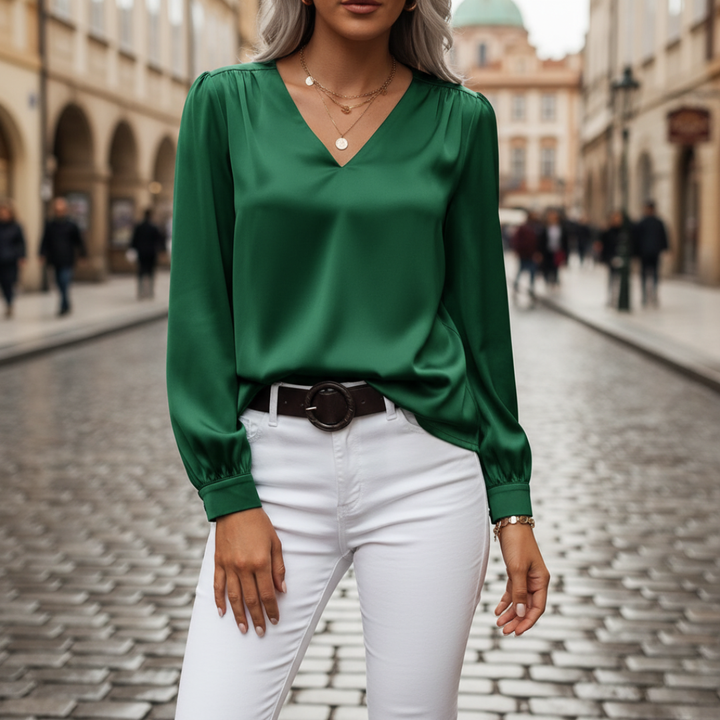 Damen Satinbluse mit V-Ausschnitt und Langarm