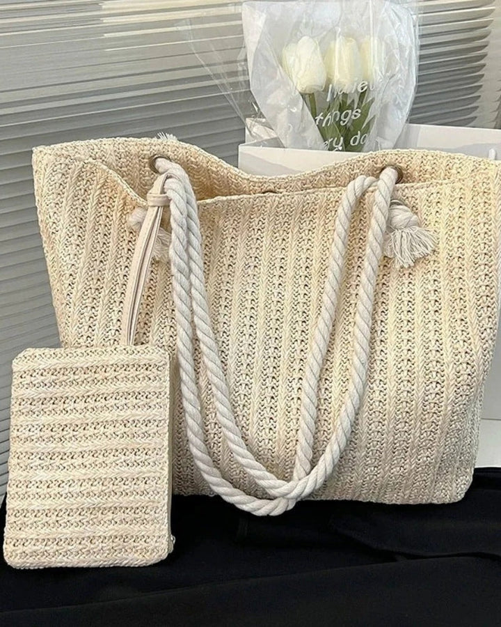 Große Shopper Tote Bag mit Seilhenkeln und Etui | Strand & Alltag