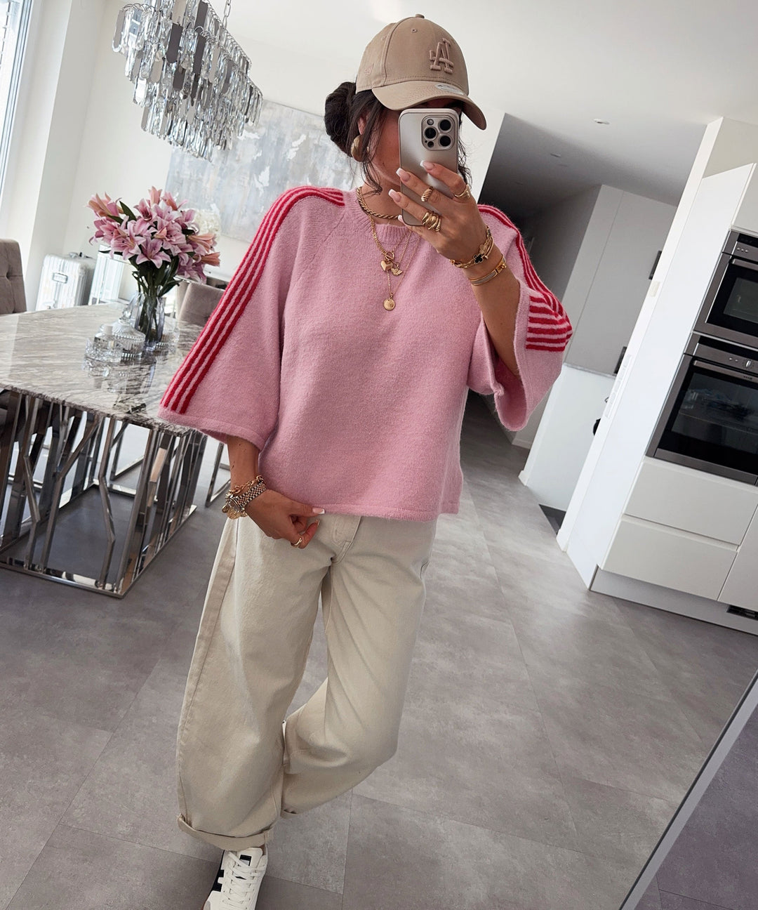 Kurzarm Pullover Toni Streifen Rosa Ladypolitan ♡