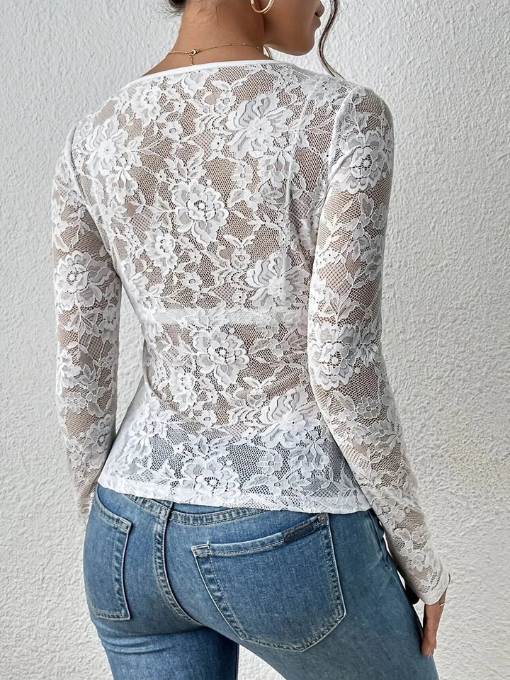 Elegantes Spitzen-Kleid Damen Langarm V-Ausschnitt