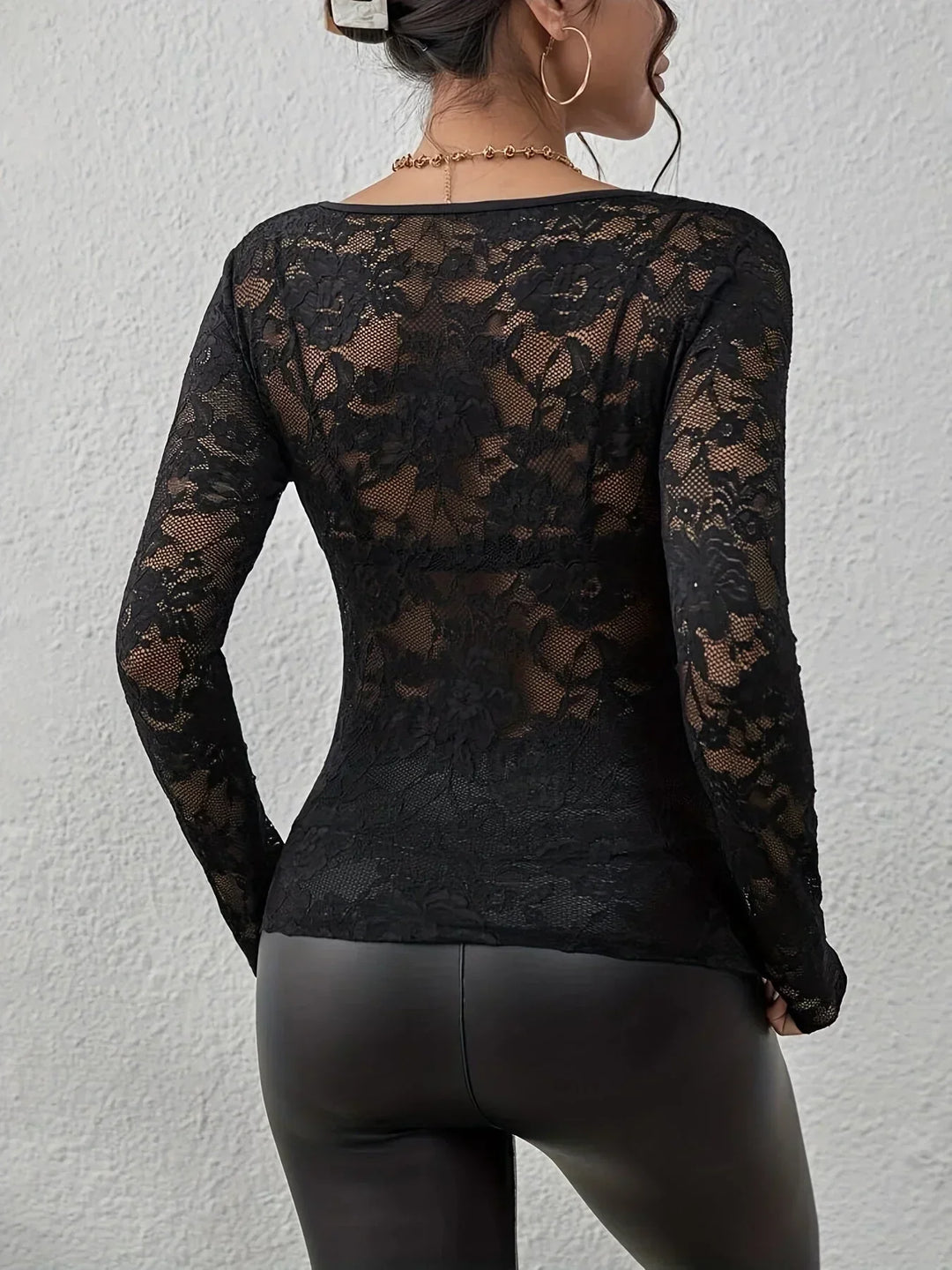 Elegantes Spitzen-Kleid Damen Langarm V-Ausschnitt