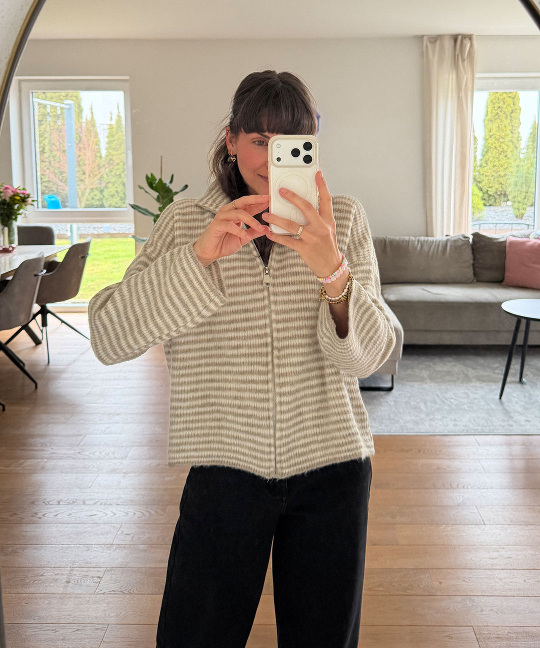 Zip Strickjacke Helena Streifen Taupe