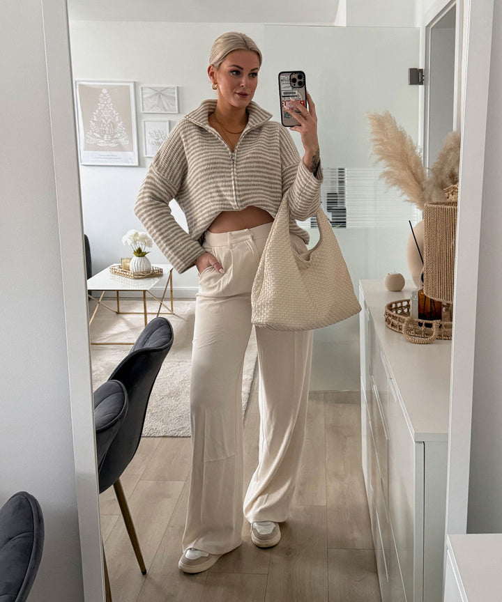 Zip Strickjacke Helena Streifen Taupe