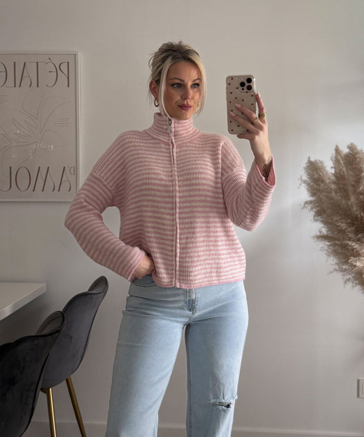 Zip Strickjacke Helena Streifen Rosa Ladypolitan ♡
