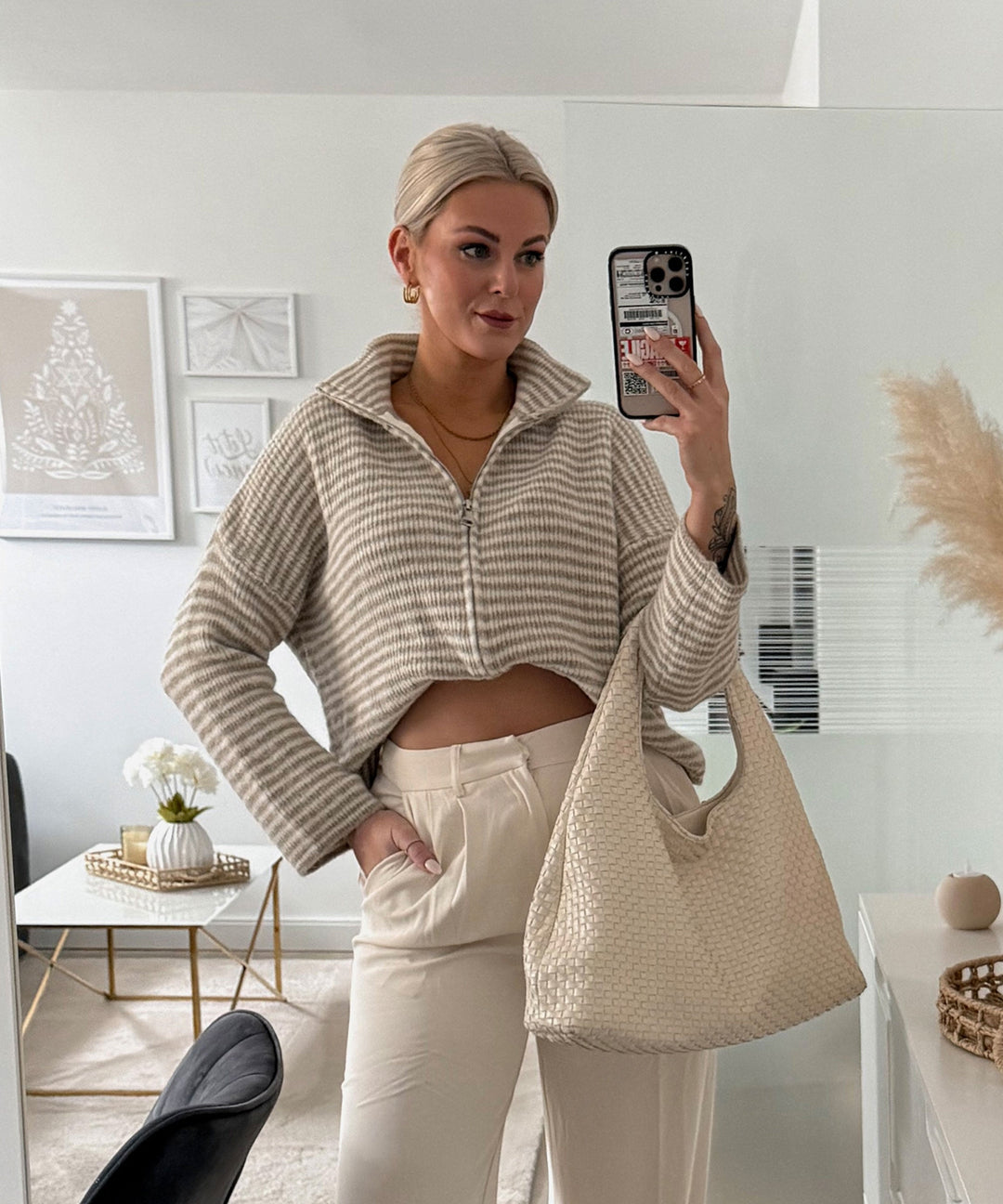 Zip Strickjacke Helena Streifen Taupe