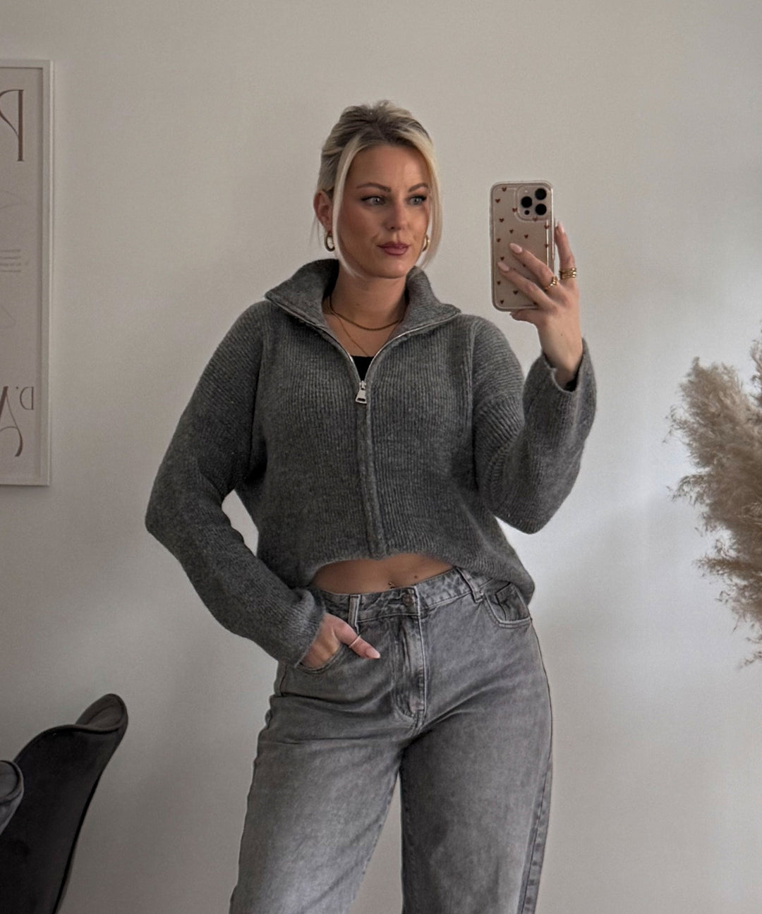 Zip Strickjacke Helena Uni Grau Ladypolitan ♡