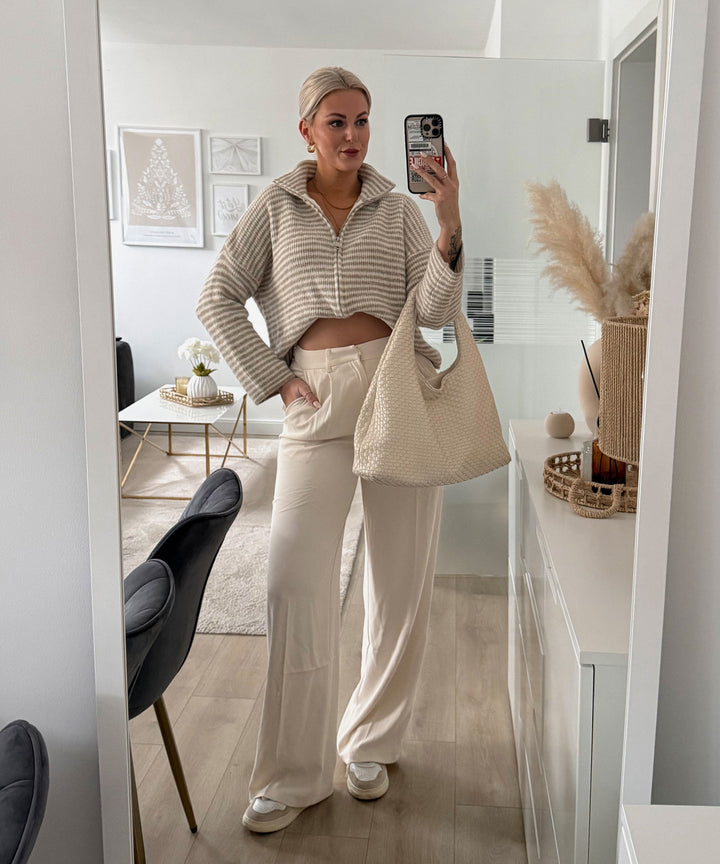 Zip Strickjacke Helena Streifen Taupe