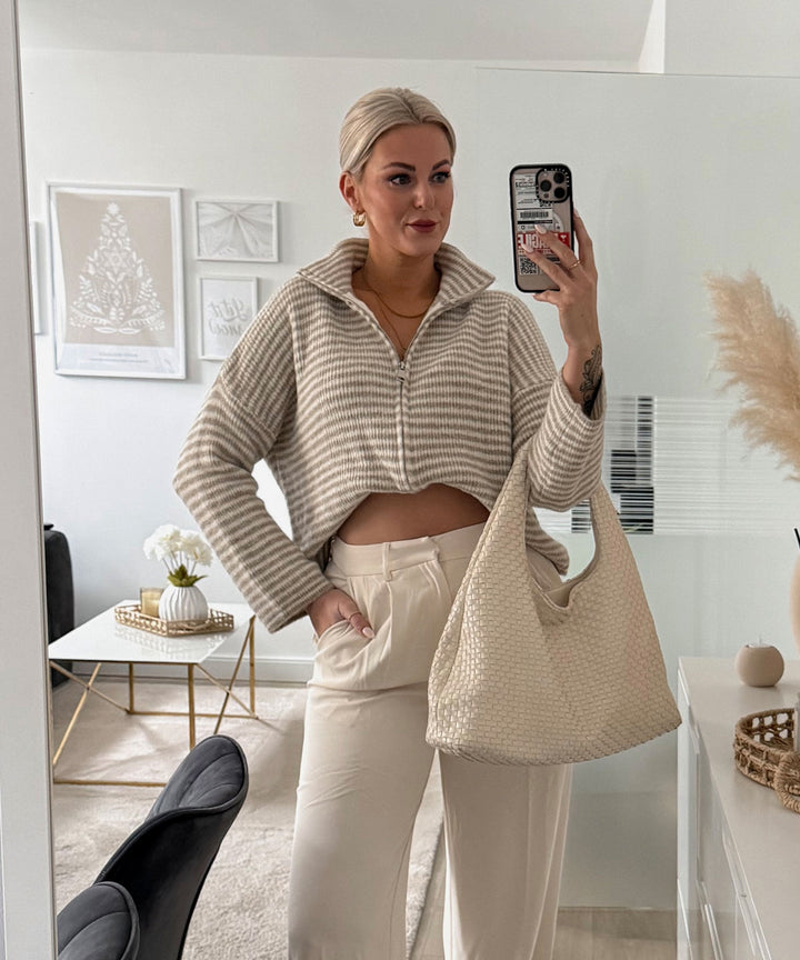 Zip Strickjacke Helena Streifen Taupe