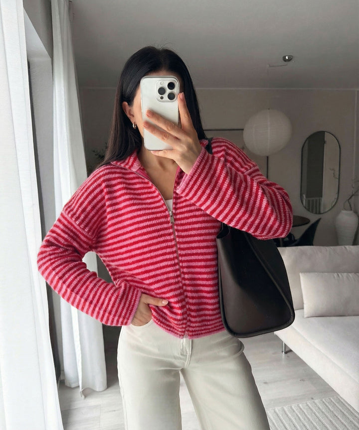 Zip Strickjacke Helena Streifen Rot Pink Ladypolitan ♡