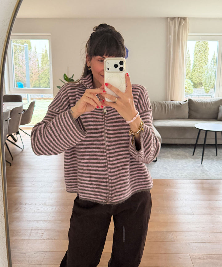 Zip Strickjacke Helena Streifen Rosa Braun