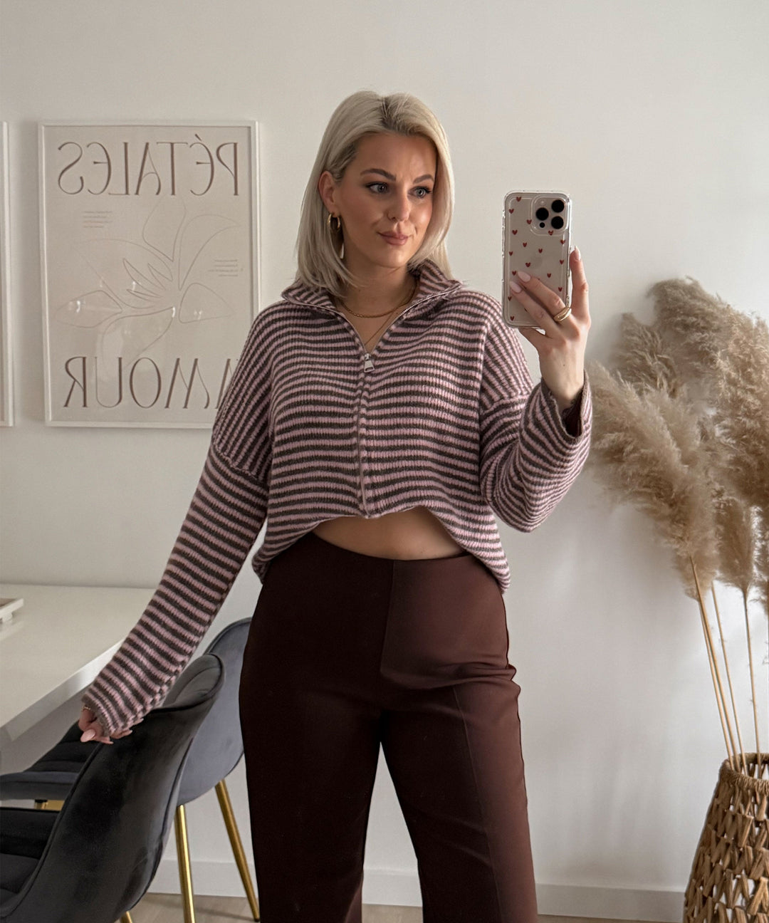 Zip Strickjacke Helena Streifen Rosa Braun