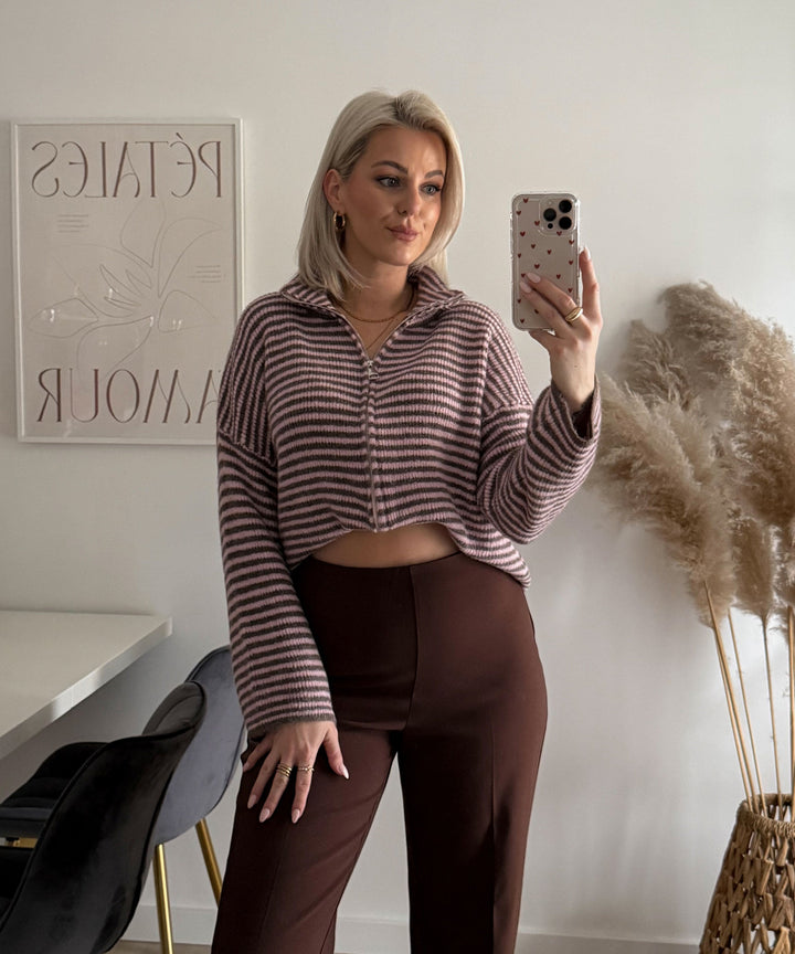 Zip Strickjacke Helena Streifen Rosa Braun