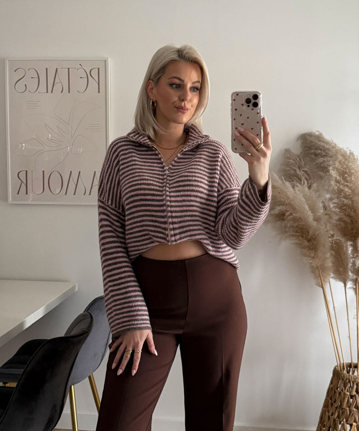 Zip Strickjacke Helena Streifen Rosa Braun