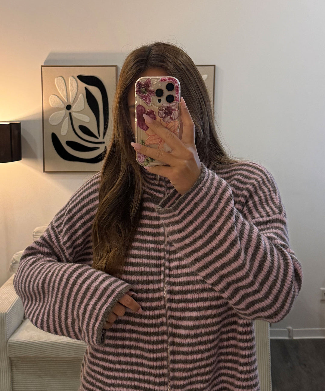 Zip Strickjacke Helena Streifen Rosa Braun