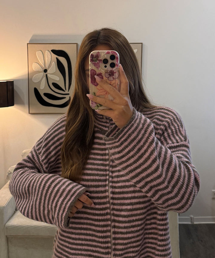 Zip Strickjacke Helena Streifen Rosa Braun