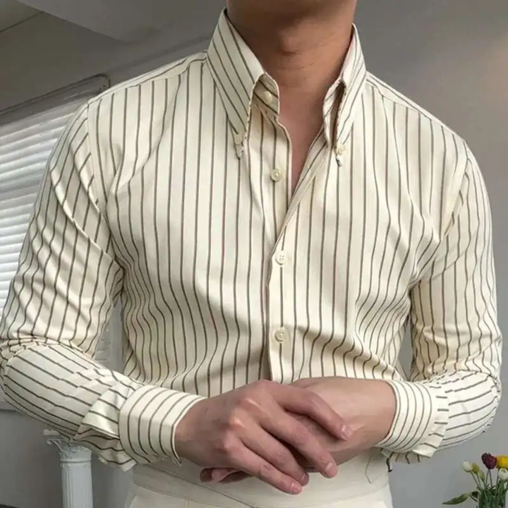 Herren Hemd mit Button-Down-Kragen, langen Ärmeln und Streifenmuster-Men Shirt-Alpenkind