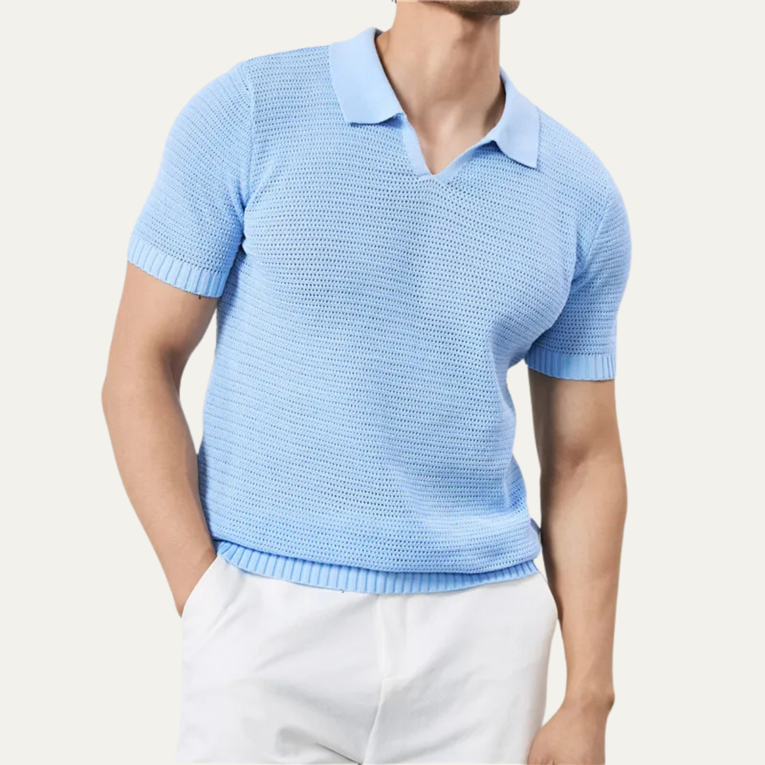 Herren Kurzarm Strick Polohemd mit offenem Kragen und Rippabschlüssen-Men Shirt-Alpenkind