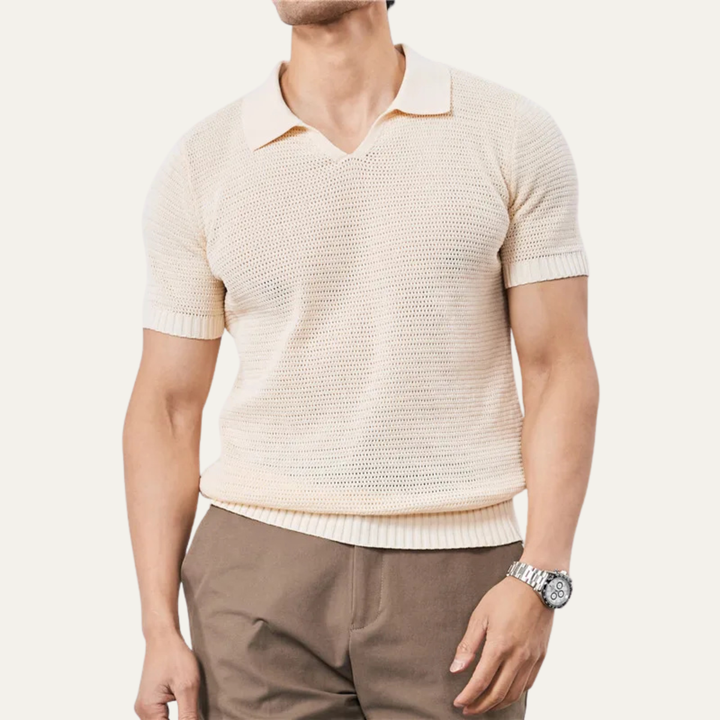 Herren Kurzarm Strick Polohemd mit offenem Kragen und Rippabschlüssen-Men Shirt-Alpenkind