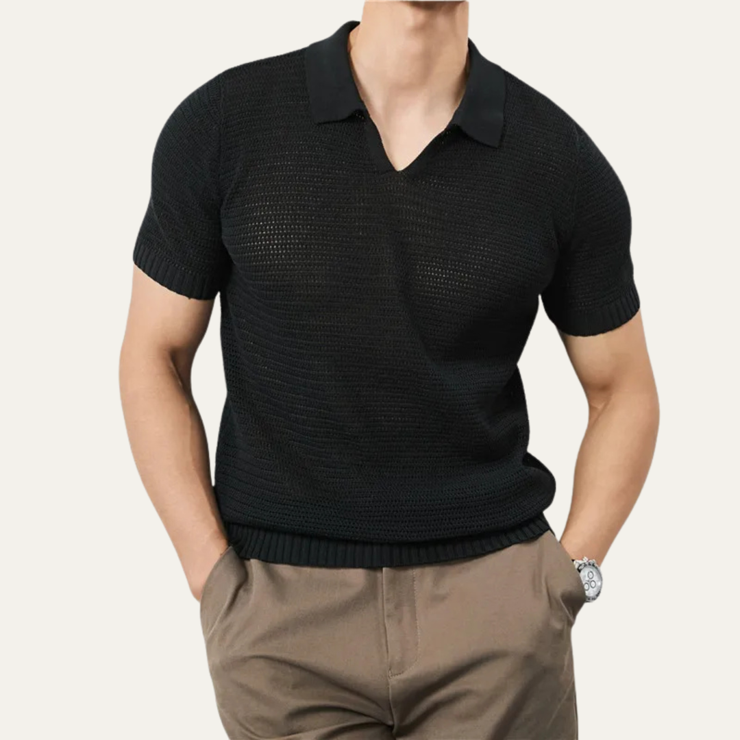 Herren Kurzarm Strick Polohemd mit offenem Kragen und Rippabschlüssen-Men Shirt-Alpenkind