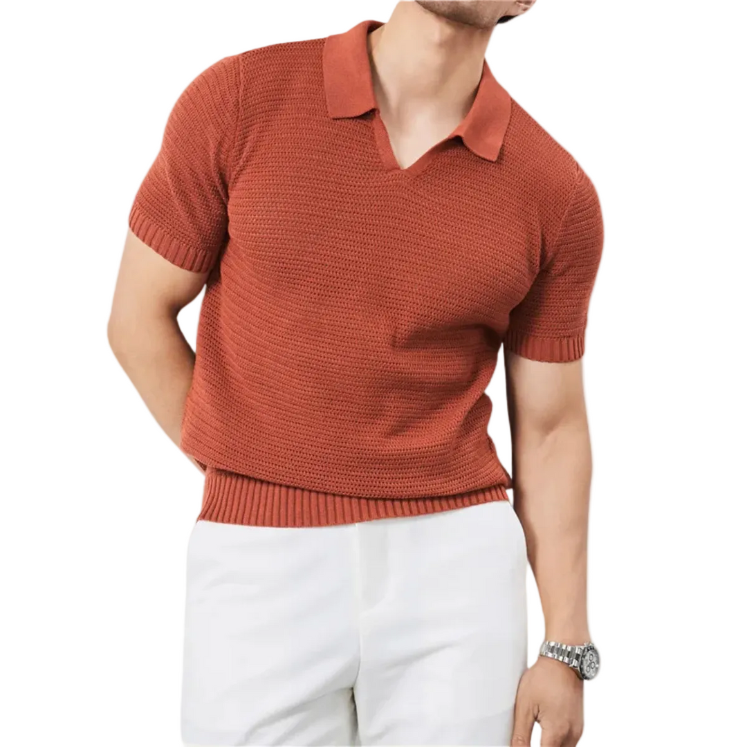 Herren Kurzarm Strick Polohemd mit offenem Kragen und Rippabschlüssen-Men Shirt-Alpenkind