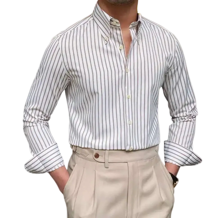 Herren Langarmhemd mit gestreiftem Muster und geknöpftem Kragen-Men Shirt-Alpenkind