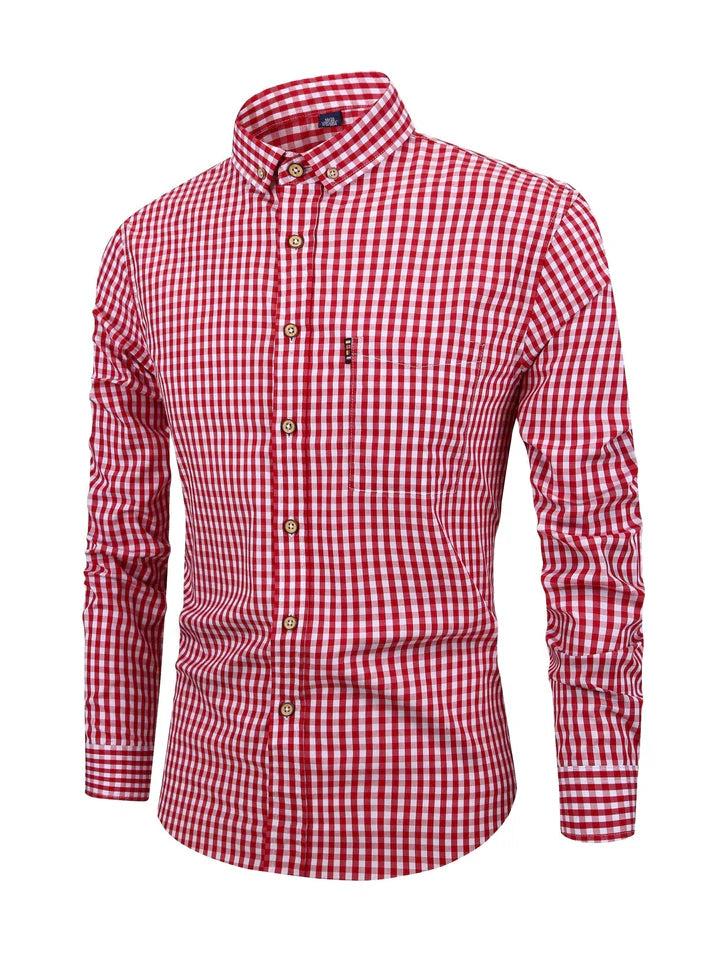Herren Langarmhemd mit Karomuster, Knopfleiste und Brusttasche-Men Tops-Alpenkind