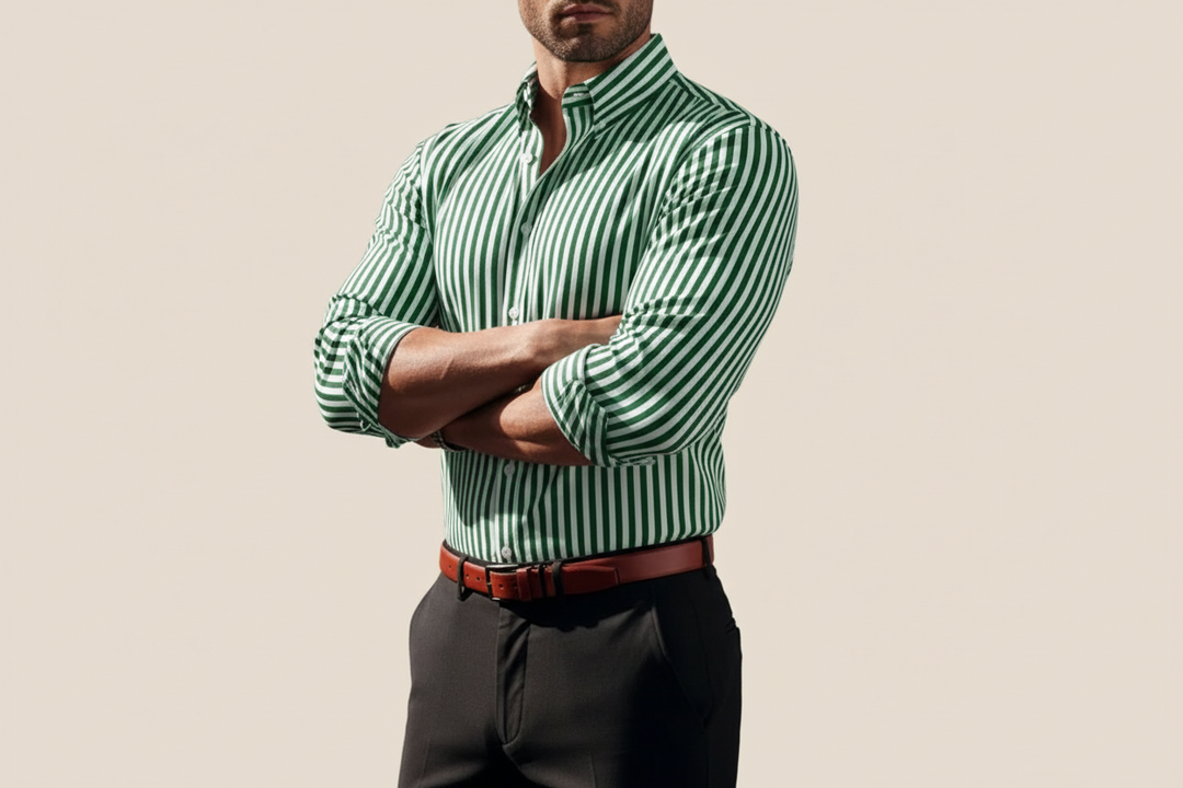 Herren Langarmhemd mit Streifenmuster und Knopfleiste-Men Shirt-Alpenkind