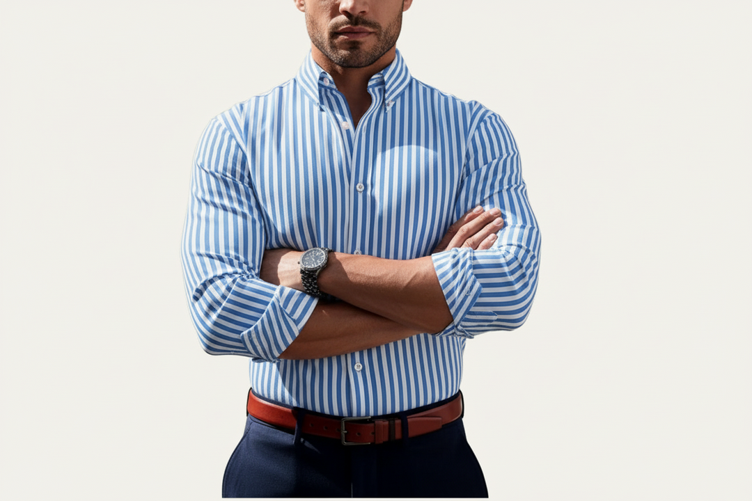 Herren Langarmhemd mit Streifenmuster und Knopfleiste-Men Shirt-Alpenkind