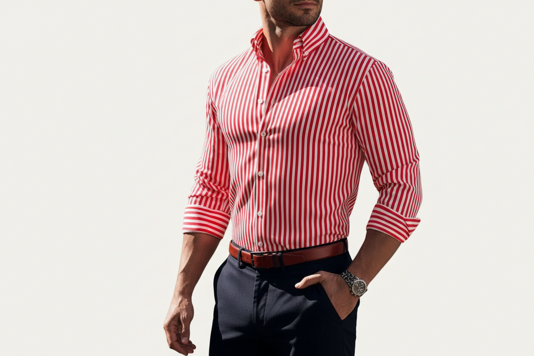 Herren Langarmhemd mit Streifenmuster und Knopfleiste-Men Shirt-Alpenkind