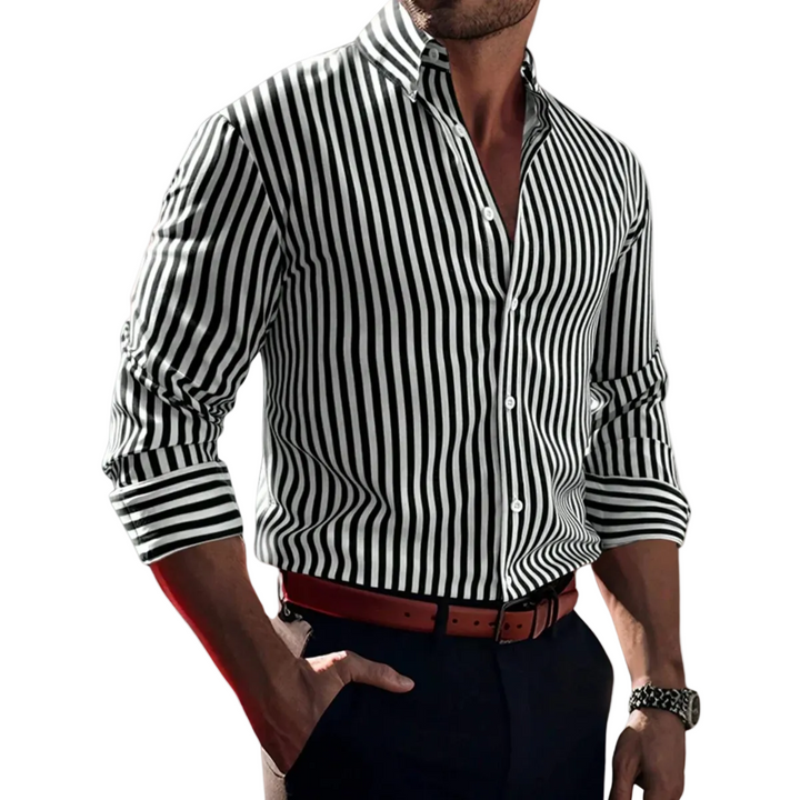 Herren Langarmhemd mit Streifenmuster und Knopfleiste-Men Shirt-Alpenkind