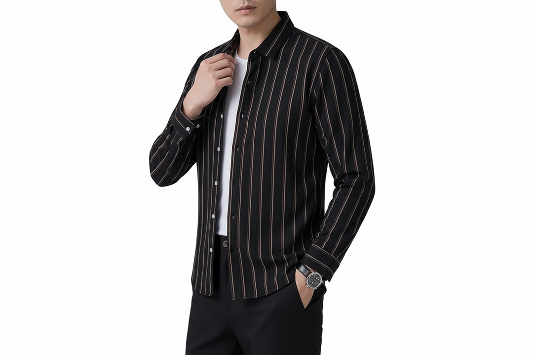 Herren-Langarmhemd mit vertikalem Streifenmuster und Knopfleiste-Men Shirt-Alpenkind