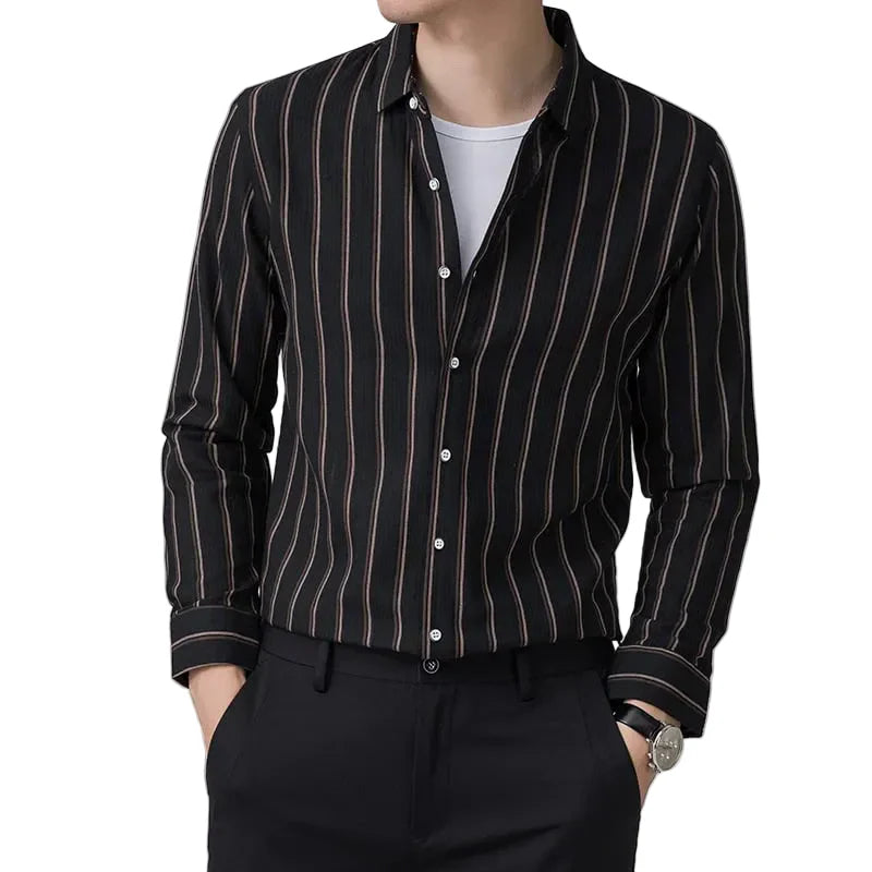 Herren-Langarmhemd mit vertikalem Streifenmuster und Knopfleiste-Men Shirt-Alpenkind