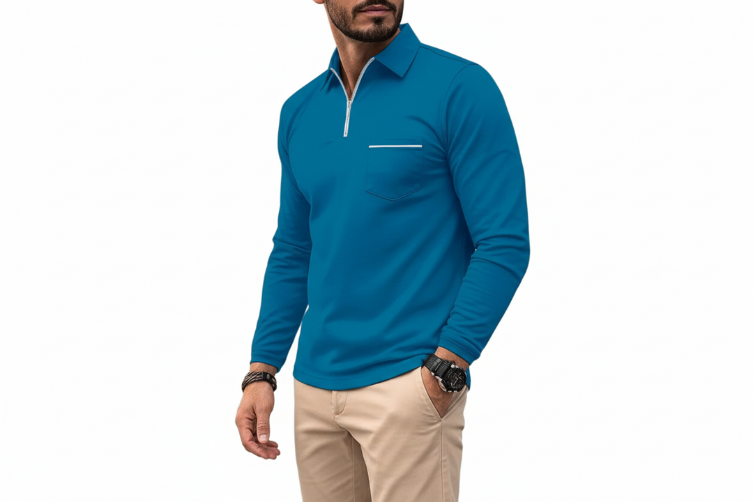 Herren Langarmshirt mit Kragen und halbem Reißverschluss-Men Sweaters-Alpenkind