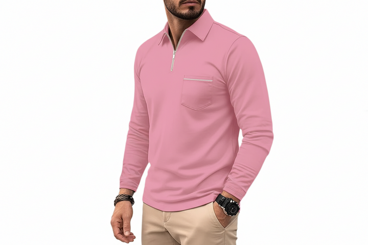 Herren Langarmshirt mit Kragen und halbem Reißverschluss-Men Sweaters-Alpenkind