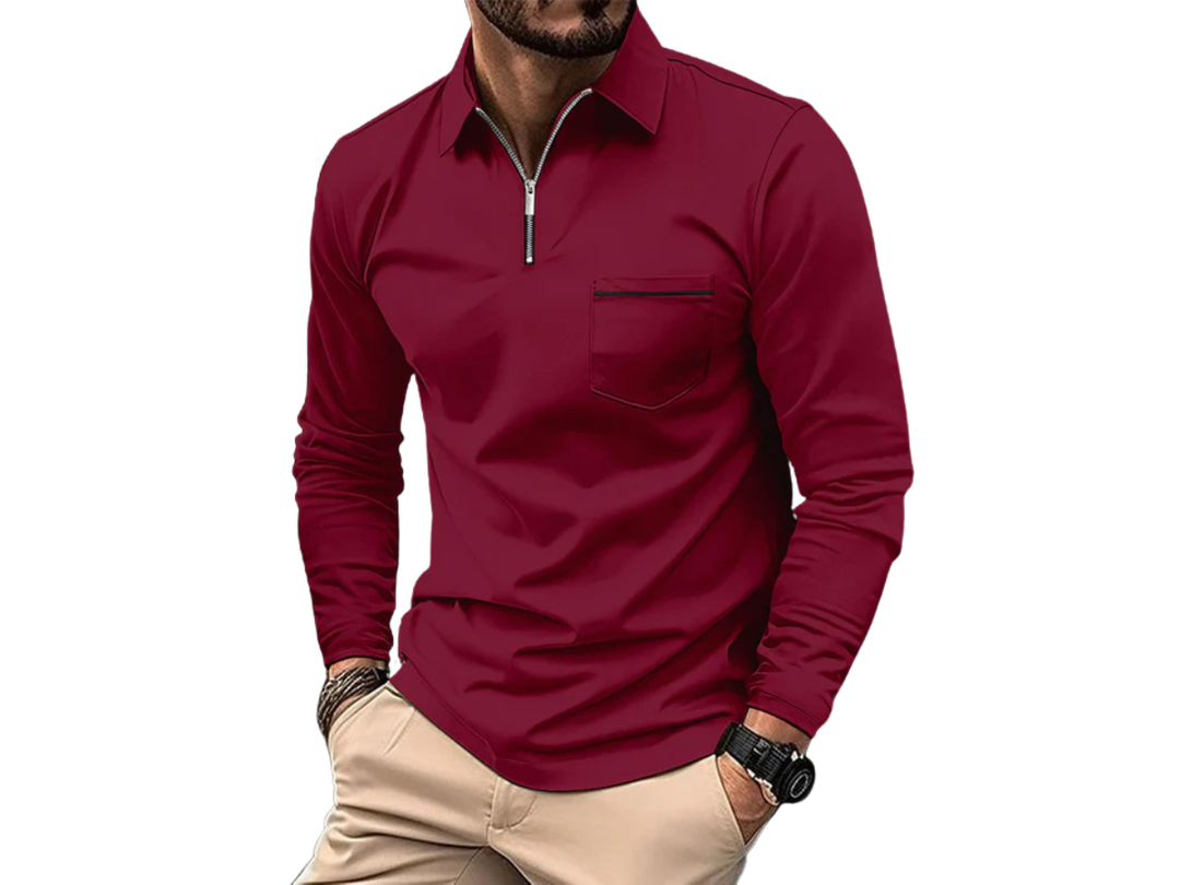 Herren Langarmshirt mit Kragen und halbem Reißverschluss-Men Sweaters-Alpenkind