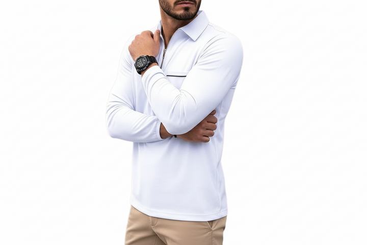 Herren Langarmshirt mit Kragen und halbem Reißverschluss-Men Sweaters-Alpenkind