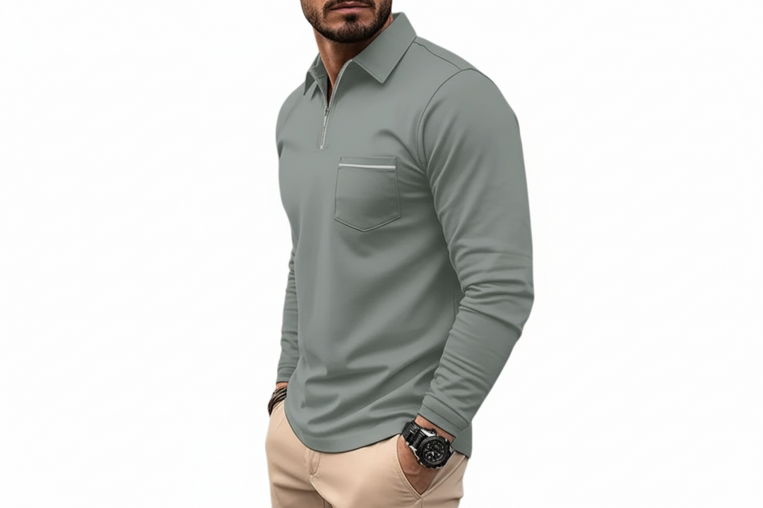 Herren Langarmshirt mit Kragen und halbem Reißverschluss-Men Sweaters-Alpenkind