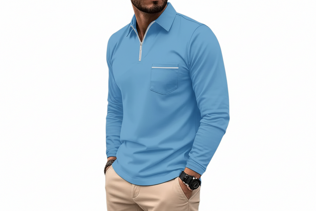 Herren Langarmshirt mit Kragen und halbem Reißverschluss-Men Sweaters-Alpenkind