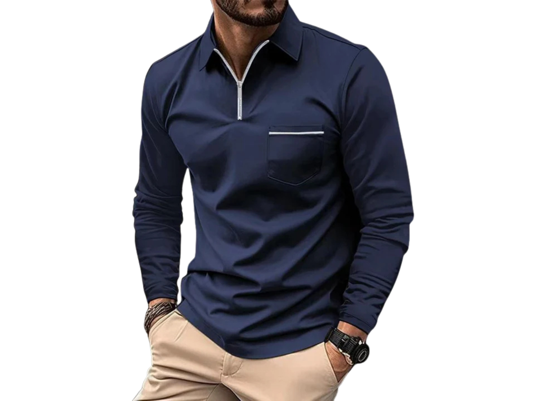 Herren Langarmshirt mit Kragen und halbem Reißverschluss-Men Sweaters-Alpenkind